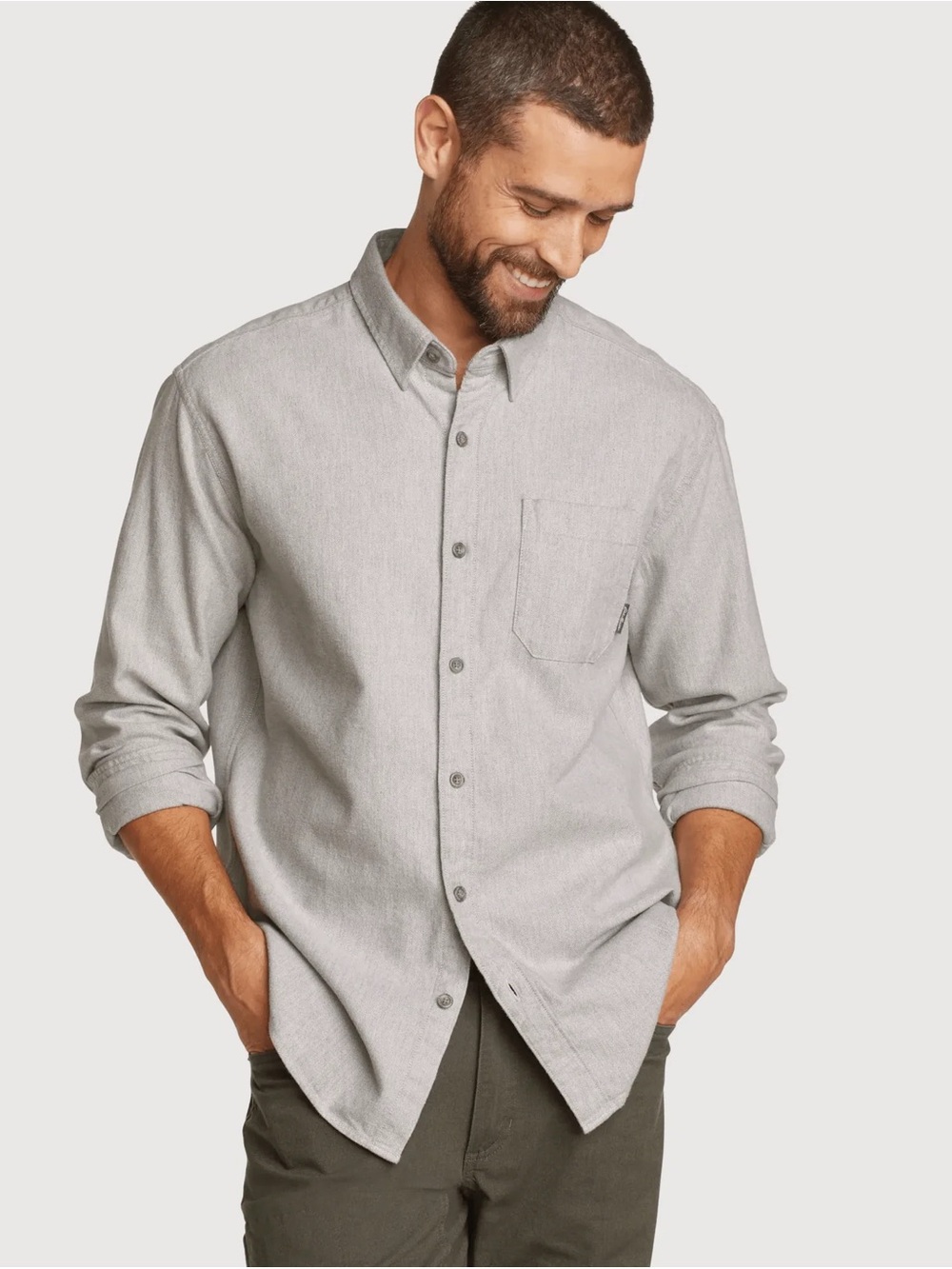 Eddie Bauer Light Grey Casual Button-Down Flannel Shirt 100% Cotton